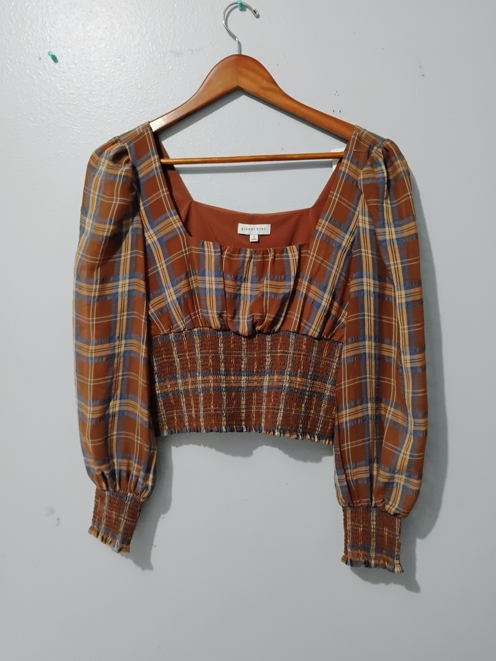 Gianni Bini Rust Plaid Smocked Crop Top